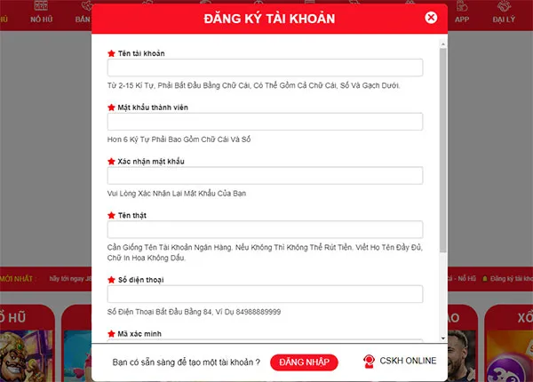 Biểu mẫu đăng ký J88 trên PC