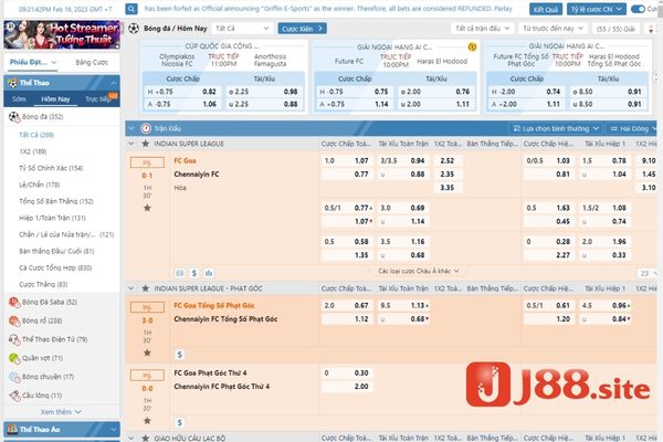Các sảnh cược thể thao của J88 nổi tiếng